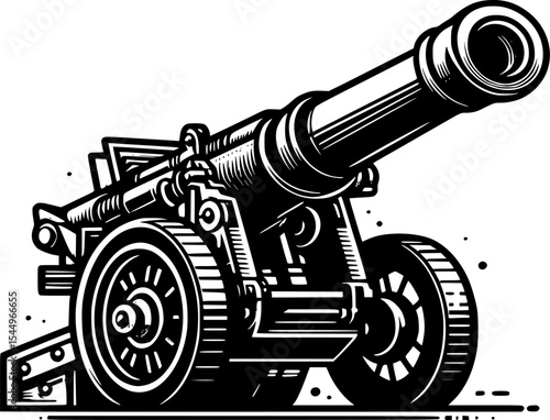 War icon: artillery cannon in black and white minimalist line art