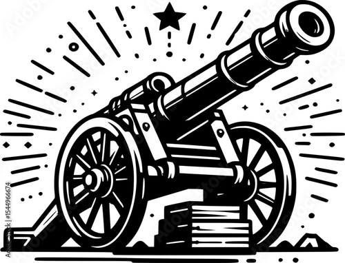 War icon: artillery cannon in black and white minimalist line art
