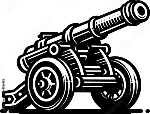 War icon: artillery cannon in black and white minimalist line art