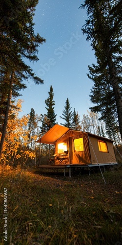 Wallpaper Mural A cozy tent cabin glows warmly under a starry night sky, surrounded by tall pine trees in a serene forest setting. Torontodigital.ca