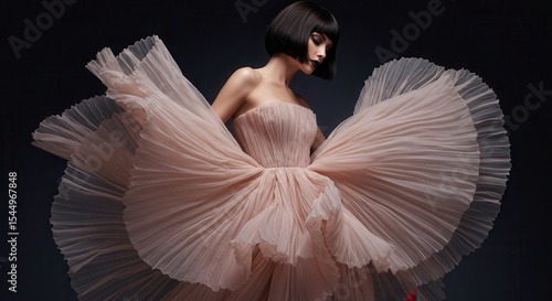 Beautiful and glamorous, a lone ballerina in a flowing wedding gown becomes a graceful angel with wings, showcasing the elegance of a dancer's body and fashionable style