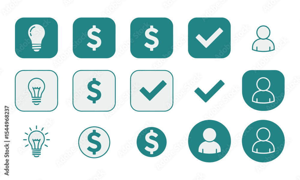 Set of Business and User Interface Icons: Idea, Money, Checkmark, and Profile Set of Business and User Interface Icons: Idea, Money, Checkmark, and Profile