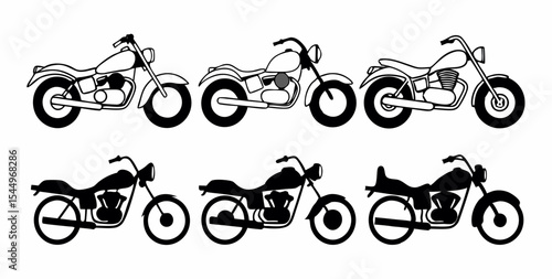 Cruiser Motorcycle Line Art and Silhouette Set - Bike Clipart