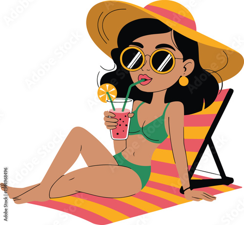 Woman enjoying a refreshing drink while sunbathing