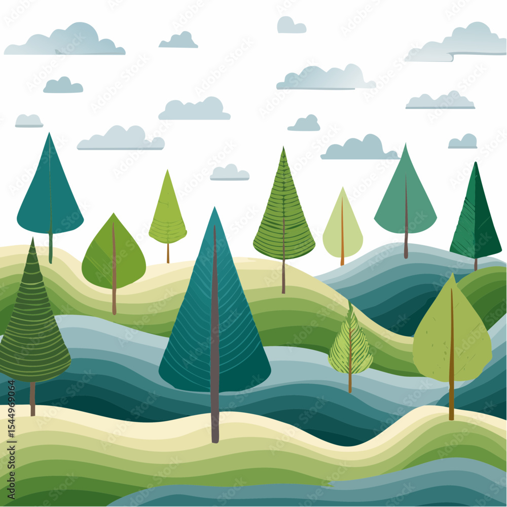 Obraz premium Layered Vector Tree Landscape Repeat Pattern Illustration