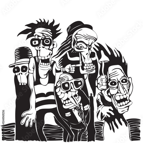 A detailed black and white drawing depicting a group of creatively designed zombie-like characters, each with unique features and artistic aesthetic, showcasing a quirky and abstract illustration styl