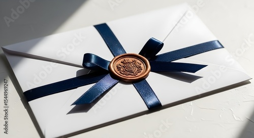 White Envelope Sealed with Blue Ribbon and Gold Wax Seal Featuring a Crest Generative AI