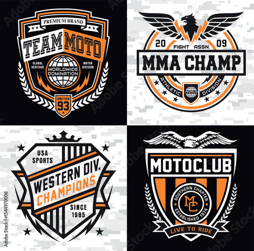 Collection of vintage-inspired logos featuring motorsport and sports club themes with dynamic bold elements and vibrant colors.