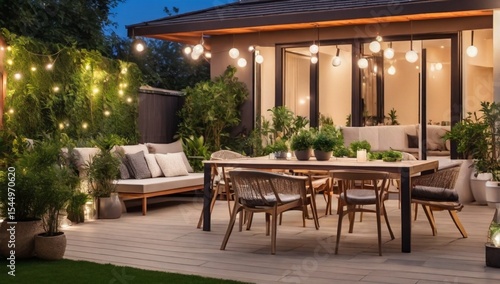 cozy rooftop patio area with lounge zone, hanging chair and and string lights at warm summer evening