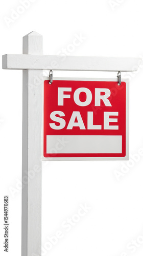 For sale sign on white post, indicating property availability. This sign symbolizes real estate opportunities and market activity
