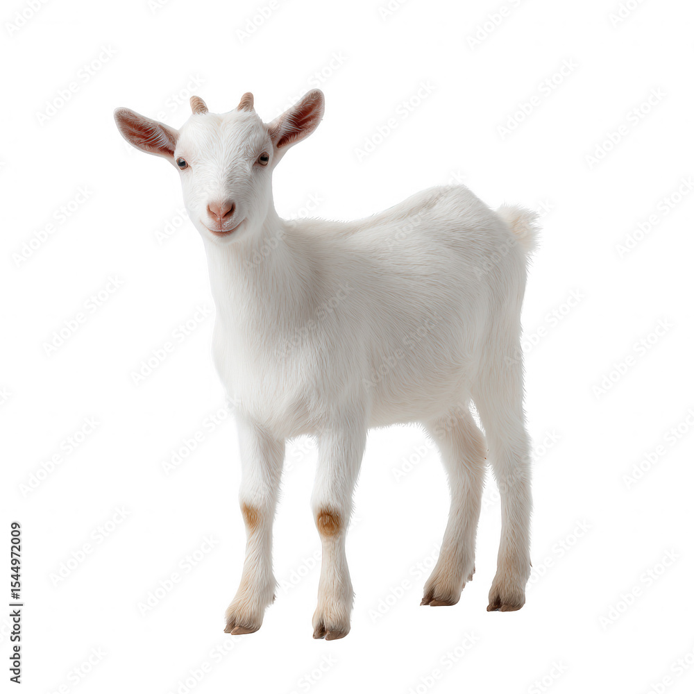 Obraz premium Cute white goat with playful expression, standing against a white isolated background.