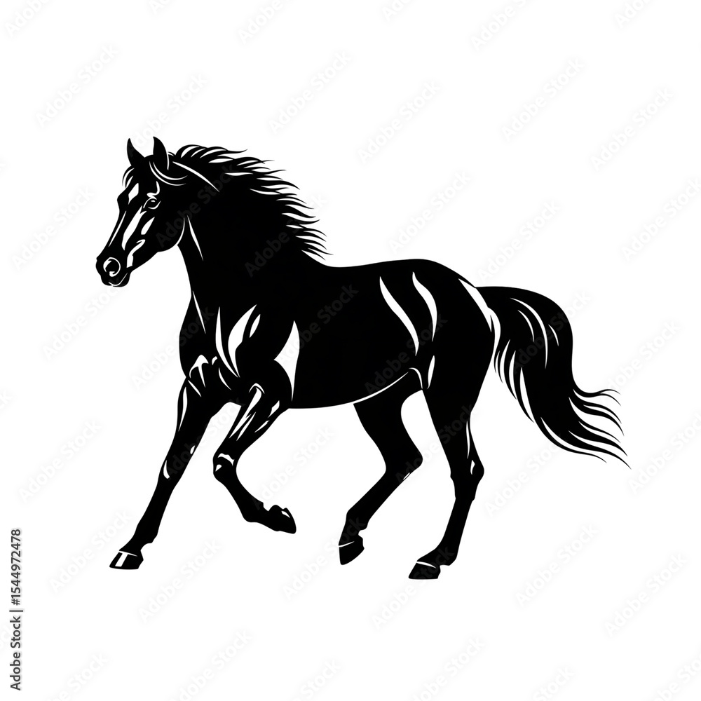 Obraz premium Elegant Black Horse Silhouette in Mid-Step on White Background – Minimal Vector Art