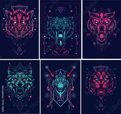 Abstract Geometric Designs Featuring Neon Wolves and Tigers on Dark Backgrounds