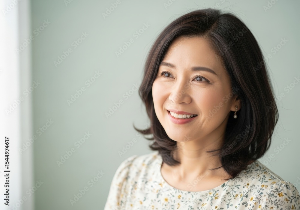Smiling middle-aged Asian woman in floral top with soft lighting Smiling middle-aged Asian woman in floral top with soft lighting