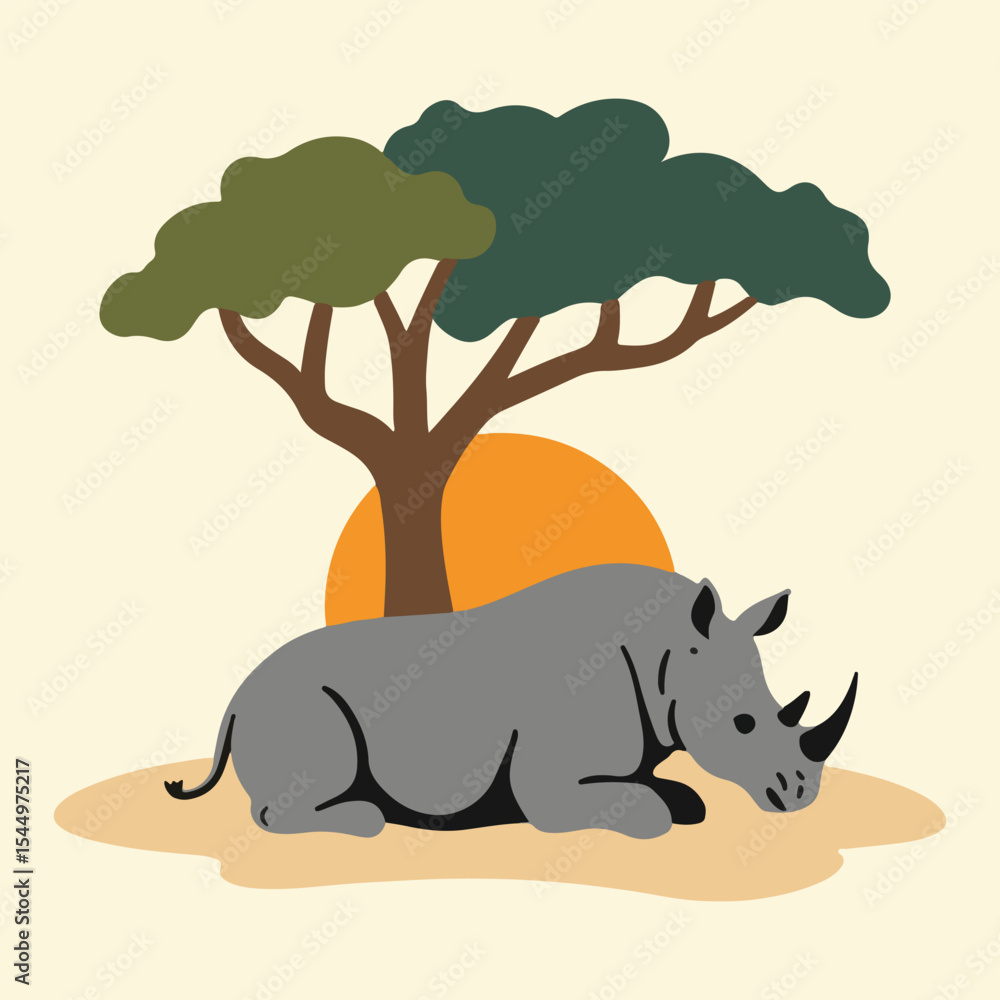 Fototapeta premium World Rhino Day vector illustration with solid colors, featuring rhinos, nature elements, and conservation themes for wildlife protection and awareness campaigns.