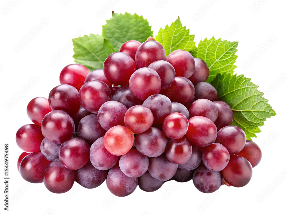 Fototapeta premium Lush Bunch of Red Grapes with Vibrant Green Leaves A I Generated Image isolated on a transparent background
