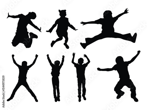 Children playing silhouette. Kids doing outdoor activities, Kids jumping silhouette. Vector illustration