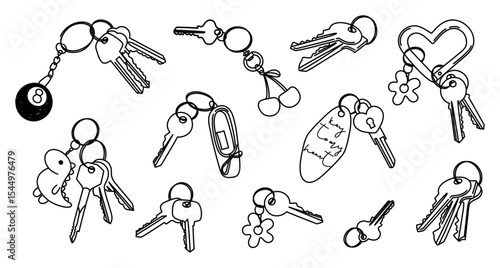 Set of keys with different keychains.