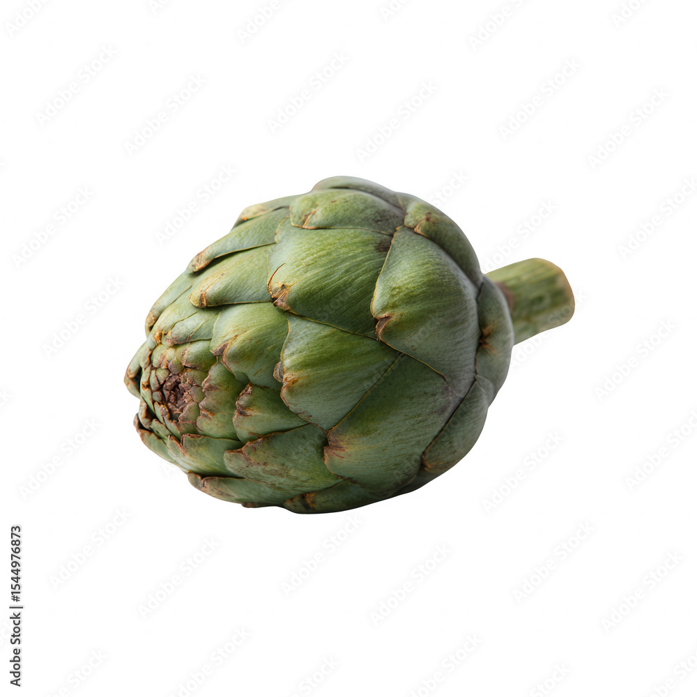 Fototapeta premium Fresh, green artichoke with natural texture and details, isolated on a white background, ready for culinary use, healthy eating or food photography.