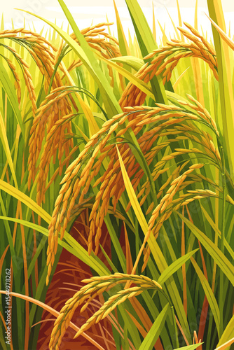 This image depicts a close-up view of a vibrant rice field. The rice plants are lush and healthy, showcasing golden-yellow grains that are heavy and bending the green stalks under their weight. The pl
