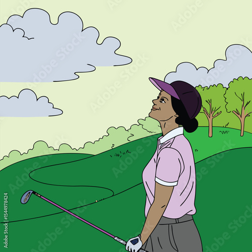 Man walking on grassy countryside golf course in cartoon style