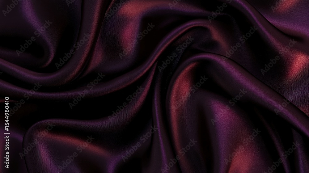 Fototapeta premium Smooth, glossy dark purple and black satin fabric with subtle red highlights draped in soft, flowing folds.