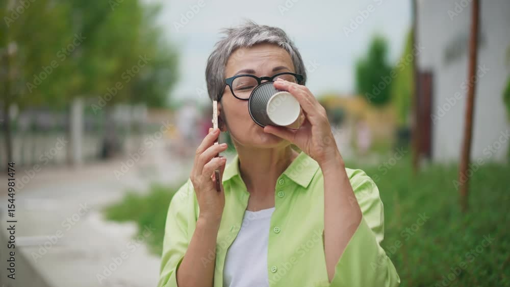 Close up of elderly woman with short gray hair and glasses sitting on bench in park while talking on mobile phone and holding coffee cup. Caucasian senior female speaking on smartphone and drinking. Close up of elderly woman with short gray hair and glasses sitting on bench in park while talking on mobile phone and holding coffee cup. Caucasian senior female speaking on smartphone and drinking.