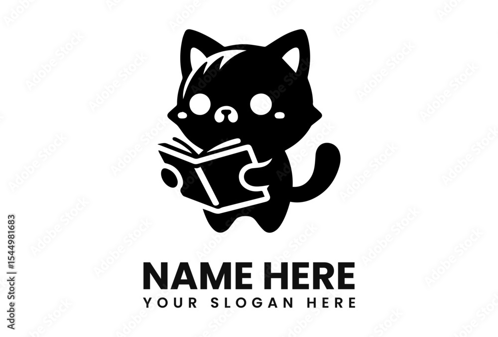 Adorable black cat engrossed in reading a book, a charming illustration perfect for a logo or brand. Adorable black cat engrossed in reading a book, a charming illustration perfect for a logo or brand.