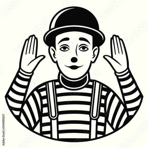 A classic mime is shown with hands up isolated on white background