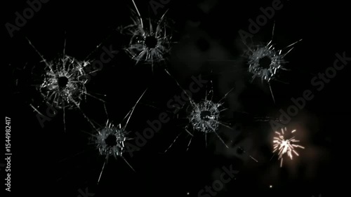 Super slow motion of gunshot through the glass, shattering against chroma key black background . Filmed on high speed cinema camera, 1000 fps.