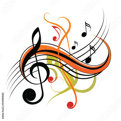 Music notes on wavy lines with swirl, vector illustration.
