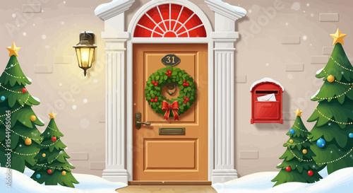 Charming Christmas Door with Wreath and Snow-Covered Trees
