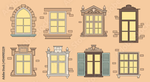 Collection of Vintage Window Frames Architectural Illustrations