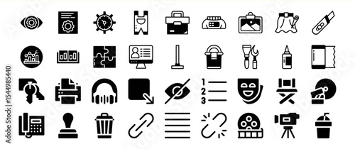 Black Glyph Icon Collection Business Tools and Filmmaking Equipment