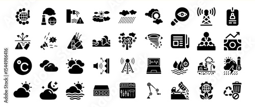 Black Glyph Icon Collection Environmental Issues Climate Change