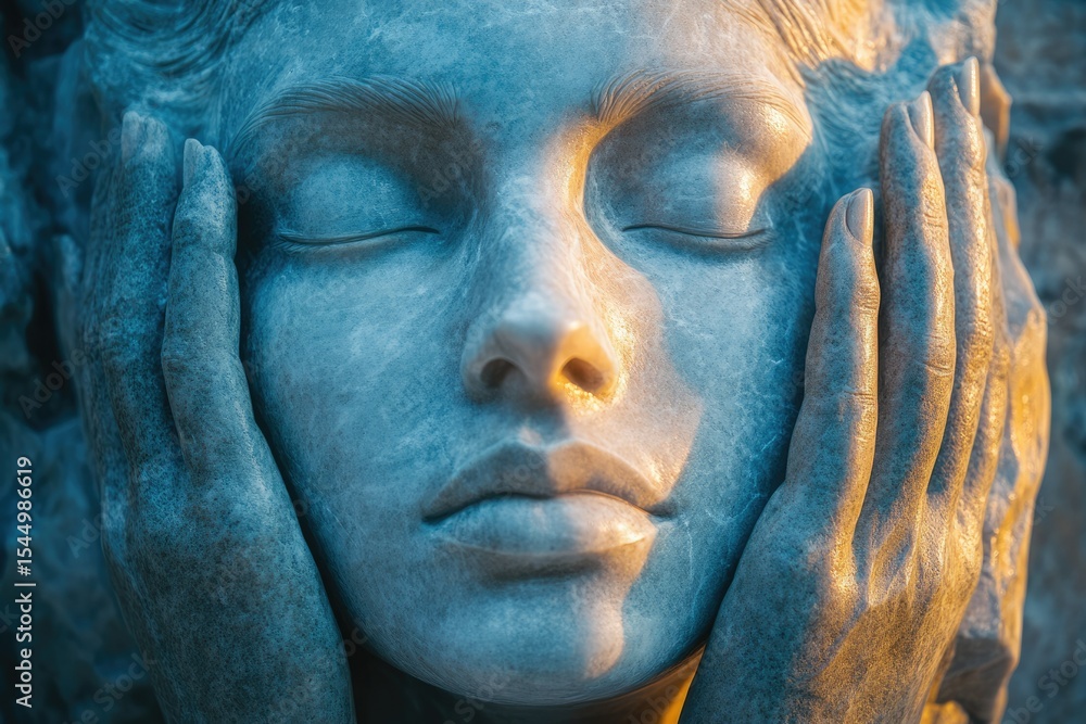 Serene stone face sculpture, hands gently cradling the visage, peaceful expression. Serene stone face sculpture, hands gently cradling the visage, peaceful expression.