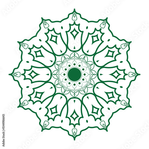 Elegant green symmetrical mandala design perfect for graphic design and decorative purposes.