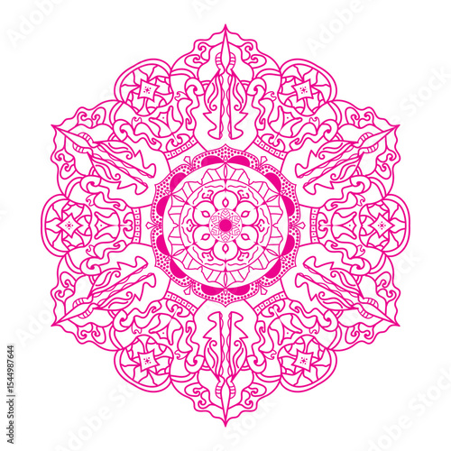 Elegant pink mandala design featuring intricate floral patterns and symmetrical artwork.