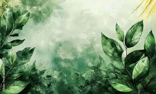 Abstract botanical design with leaves and watercolor textures