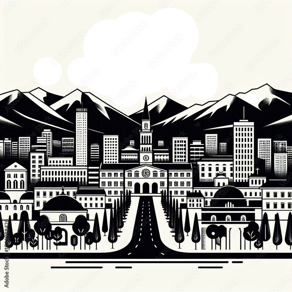 Obraz premium albania, tirana, skyline, vector, black and white, image