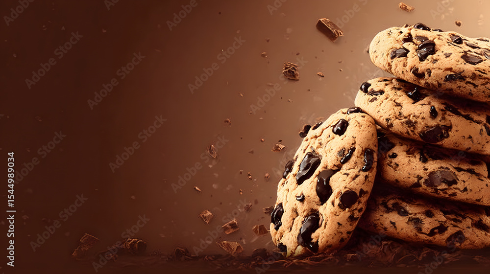 National Chocolate Chip Day, banner design with dark to light brown gradient, stack of chocolate chip cookies with a few chocolate flakes on top in the left corner National Chocolate Chip Day, banner design with dark to light brown gradient, stack of chocolate chip cookies with a few chocolate flakes on top in the left corner