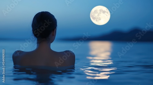 A person with their back turned is immersed in calm water, gazing at the bright full moon reflecting on the surface during twilight.