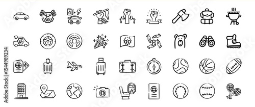 Collection of Black and White Doodle Travel and Sports Icons
