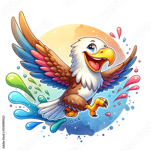Soaring Eagle Illustration: A vibrant, cartoon-style eagle joyfully flies, wings spread, splashing water and painted with bright, fun colors, evoking happiness and playfulness.