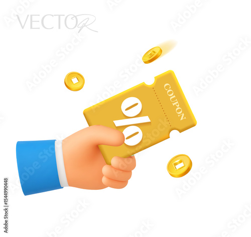 3d hand holding a cashback gift voucher with coupon code, percentage off, isolated on white background. Pay with coupon icon in 3d vector. Vector illustration