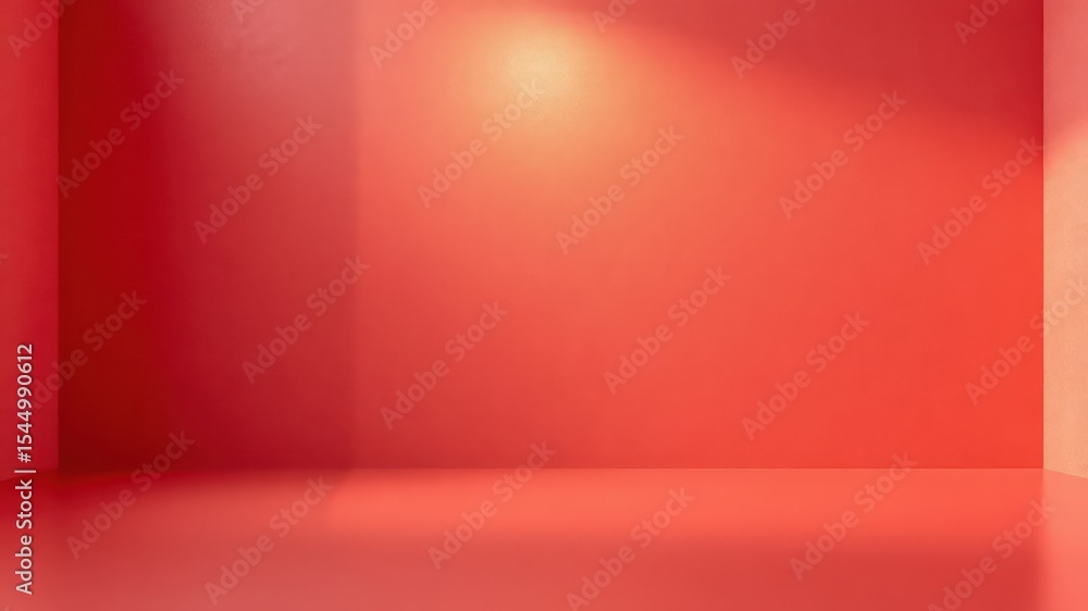 Obraz premium Subtle Light Rays Gleam Upon an Empty Room with Warm Coral Tone Textured Walls and a Glossy Floor, Perfect for Display