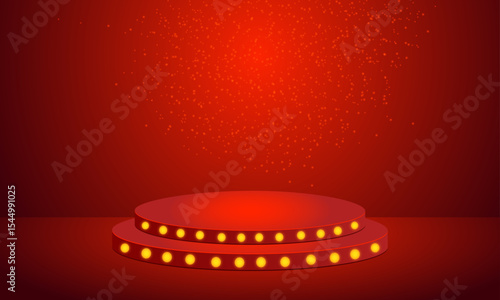 Glowing red podium stage with yellow light bulbs and sparkling particles, perfect for awards, show, product display, or festive celebration visuals.