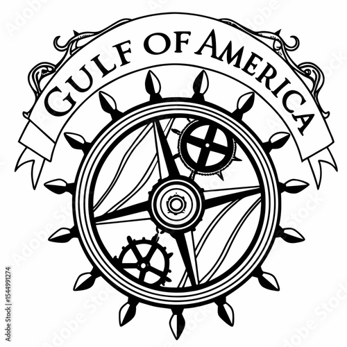 Gulf Of America Nautical Emblem with Lighthouse and Ship Wheel