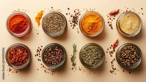 Fototapeta Naklejka Na Ścianę i Meble -  Colorful array of spices in glass jars placed on a neutral background during daylight