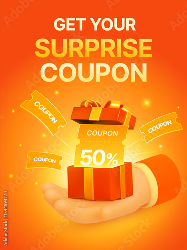 3d hand holding an opened gift box with coupons inside, isolated on background. Gift voucher banner template with coupon code in 3d vector. Vector illustration
